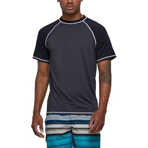 Quick dry dark gray rash guard <b>men</b> short sleeve swim shirt UPF 50+ breathable contrasting white stitching <b>top</b> - Product Image 1