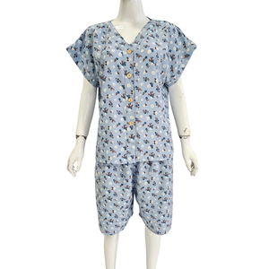 Conjunto de Pijama de Algodón con Estampado Floral para Mujer, Manga Corta, Cuello en V, Pantalones Cortos con Cordón, Ropa de Dormir Informal de Verano, Teñido Suave - Product Image 2