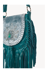 Hand-tooled Peacock Design Embellished Variety of Silver <b>Studs</b> Surrounding a Genuine Gemstone on a Hand-painted Cow Leather Flap - Product Image 6
