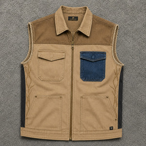 <b>Utility</b> Pocket Zip Front Denim Jacket Custom Men's Beige Workwear <b>Vest</b> Premium Contrast Patch Sleeveless Apparel - Product Image 1