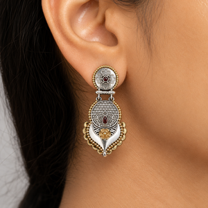 Export Oxidized <b>Silver</b> Two Tone <b>Dangle</b> Drop <b>Earring</b> with Bezel Setting Bohemian Flower Design Women Bulk Supplier Wholesale - Product Image 2