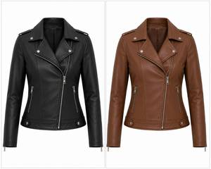 #   Veste en cuir marron pour femme, style motard ajusté, avec fermeture éclair aux poignets, manches longues, vêtement d'extérieur décontracté - Product Image 2