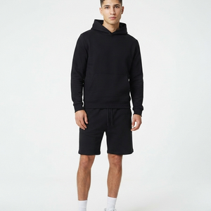 <b>Men's</b> Black Cotton <b>Hoodie</b> <b>And</b> <b>Shorts</b> <b>Set</b> Casual Summer Wear Full Sleeve Drawstring Solid Color Tracksuit Regular Fit Suit - Product Image 1
