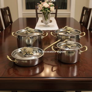 Artisanal Hammered Stainless Steel Casserole <b>Frying</b> <b>Pan</b> Set Eco-Friendly Europe Premium Decorative Cookware Golden Grape Accents - Product Image 2