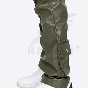 Pantalon cargo long en cuir pour homme, style streetwear, taille haute, jambes larges, décontracté, avec poches avant, fabrication OEM personnalisée - Product Image 3