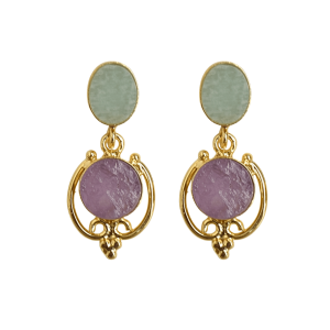 Vintage 18K <b>Gold</b> Plated Bohemian Drop <b>Earrings</b> with Amethyst and Amazonite Stone Bezel Setting Women's Gift Jewelry - Product Image 1