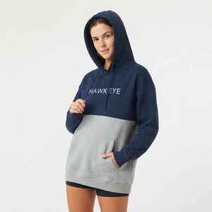 <b>Women's</b> Color Block <b>Hoodie</b> <b>Navy</b> Gray Letter Print Drop Shoulder Fleece Pullover Sweatshirt - Product Image 1