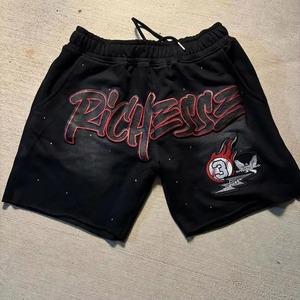 Shorts en molleton pour hommes, délavés à l'acide, style vintage, design personnalisé, en coton épais, imprimés en relief, effet vieilli, avec strass - Product Image 5