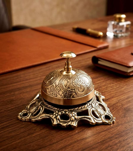 <b>Brass</b> Reception Counter <b>Bell</b> Floral Embossed Decorative Press <b>Bell</b> Vintage Tabletop Service <b>Bell</b> for Hotel Restaurant Office - Product Image 2