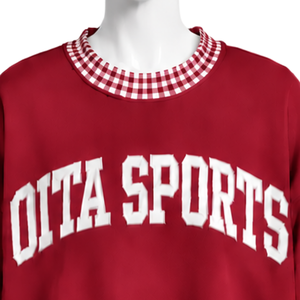 Mens <b>Maroon</b> Oversized Crewneck Sweatshirt Gingham Check Trim Long Sleeve Casual Pullover Fashion Streetwear Athletic Sports <b>Top</b> - Product Image 3