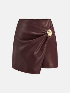 Women High Waist Leather Wrap <b>Mini</b> <b>Skirt</b> Solid Color Shiny with <b>Gold</b> Button Design Vintage Embroidery Nonwoven Fabric - Product Image 2