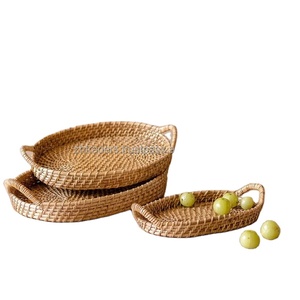 Elegante y asequible juego de bandejas redondas de ratán con artesanía india artística para cocina, comedor y decoración de Ramadán - Product Image 1