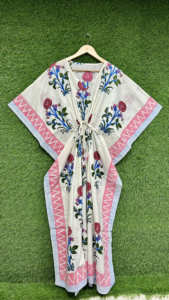 Robe Kaftan en Coton Fleuri pour Femmes, Kaftan Imprimé, Col en V, Taille Ajustable par Cordon, Manches Courtes, Style Bohème, Vêtement de Plage et de Vacances - Product Image 2