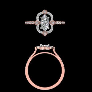 Anillo de compromiso con halo floral vintage de diamante talla marquesa y banda pavé en oro rosa macizo, joyería fina hecha a mano - Product Image 1