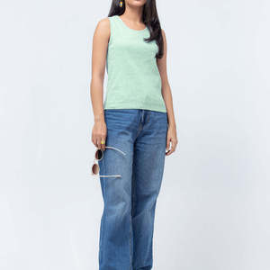 Camiseta de Tirantes Tejida para Mujer, Color Verde Menta Sólido, Cuello Redondo, Informal, Transpirable, 100% Algodón, Largo Regular - Product Image 4