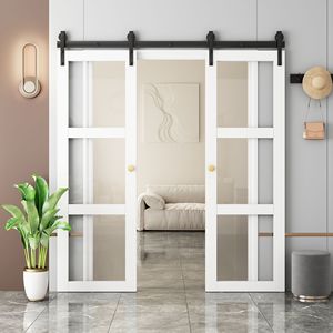 3-Lite Frosted Glass French <b>Door</b> <b>Solid</b> <b>Wood</b> Manufacture Interior Double <b>Bathroom</b> <b>Door</b> With Hardware Kit - Product Image 2