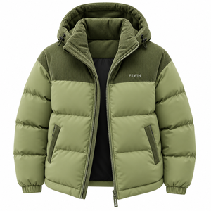 F2WIN <b>Men's</b> Hooded Puffer <b>Jacket</b> <b>Corduroy</b> Winter Coat Windproof Thick Regular Fit Solid Green Zipper Closure Casual Style - Product Image 1