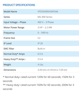 Delta VFD5A5MS43AFSAA ไดรฟ์ปรับความถี่ 3 เฟส 400V 750W รุ่น MS300 สำหรับระบบอัตโนมัติในอุตสาหกรรม - Product Image 2