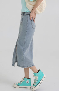 Jupe courte en jean urbaine pour femme, coupe classique, décontractée, basique, en denim, longueur genou, avec ceinture, vente en gros - Product Image 6