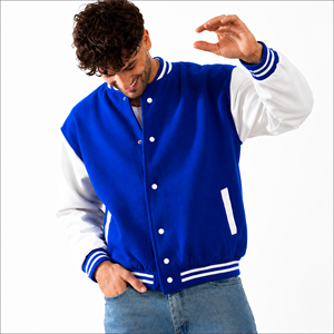 Blue White Contrast Knitted Varsity <b>Jacket</b> Full Sleeve Button Collar Regular Fit <b>Spring</b> Wear <b>Women</b> Award Varsity - Product Image 4