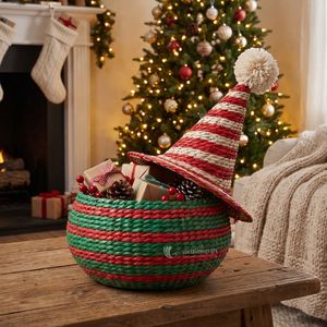 Cesta de Almacenamiento Reutilizable con Forma de Sombrero de Duende Navideño, Tapa a Rayas Rojas y Verdes, Cesta de Regalo Navideña de Seagrass, Tamaño Personalizado de Fábrica - Product Image 2