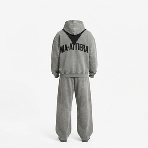 Custom Washed Gray Zip Up Hoodie and Wide Leg <b>Sweatpants</b> <b>Set</b> for Men - Product Image 4