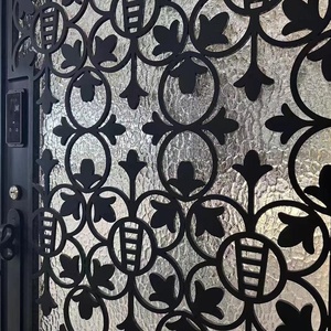 Rust-resistant wrought iron main door featuring geometric patterned glass panels – Easy-to-assemble design for entryways. - Product Image 3