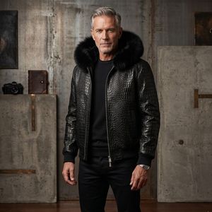 Veste en cuir à motif crocodile pour homme, col en fourrure, fermeture éclair, veste bomber, vêtements d'extérieur décontractés pour l'hiver - Product Image 1