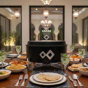 Plat de service de luxe en acier inoxydable pour buffet, chauffe-plats pour mariage, style Moyen-Orient, rond, avec support à tige - Product Image 4