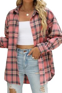 Wholesale Womens Oversized Plaid Flannel Shirt Long Sleeve Button Down Shacket Pink <b>Checkered</b> Casual Loose Fit Blouse Jacket <b>Top</b> - Product Image 2