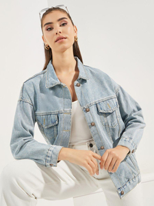 <b>Women</b> <b>Light</b> Blue Denim <b>Jacket</b> Oversized Trucker Jean Coat Ladies Fashion Loose Fit Outerwear Classic Button Up Denim Top - Product Image 5