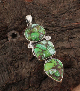 Collier vintage en argent 925 plaqué platine avec pendentif en zircon vert cuivre, pierre précieuse rétro bohème à 3 pierres, bijoux unisexes en gros - Product Image 3