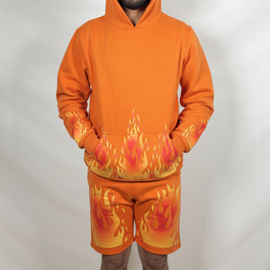 Ensemble décontracté personnalisé pour homme, 2 pièces : sweat à capuche coupe classique et short, imprimé flamme, en molleton de coton respirant - Product Image 5