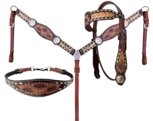 Sunflower Leather <b>Tooled</b> Buckstitch Headstall Breast Collar Reins Wither Strap Western Horse Tack Set Premium Handmade Genuine - Product Image 1