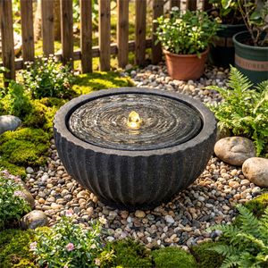 Fontana a Sfera Moderna da 18 Pollici con 6 Luci LED, in Resina Grigia per Interni ed Esterni, Applicazione Alberghiera, Materiale in Acciaio Inox e Pietra - Product Image 1