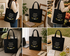 Sac fourre-tout en toile brodée « Choisissez toujours la gentillesse », motif floral noir, style minimaliste, sac de shopping toutes saisons - Product Image 4