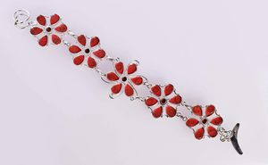 Vintage 925 Sterling Silver <b>Red</b> Coral Stone Flower <b>Bracelet</b> Women's Chain Link Jewelry Everyday Wear Bezel Set <b>Red</b> Stone Design - Product Image 3