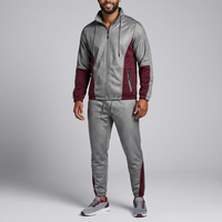Ensemble de survêtement athlétique décontracté pour homme en polyester écologique, gris et bordeaux, avec blocs de couleur et fermeture éclair intégrale