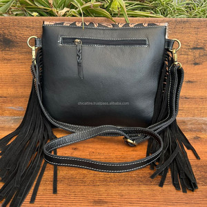 Meilleure vente sac à bandoulière en cuir de vachette à franges usiné à la main pour femme Western Hair On & véritable cuir Turquoise Stone Purse - Product Image 5