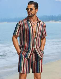 mens multi color teal red vintage vertical stripe <b>short</b> <b>sleeve</b> lapel <b>button</b> <b>up</b> <b>shirt</b> matching <b>shorts</b> 2 piece set casual outfit - Product Image 5