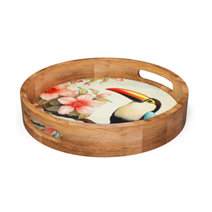 Round Wooden Serving Tray with Toucan and Floral Design Bohemian Style <b>Decorative</b> <b>Plate</b> for Party Use - Product Image 1