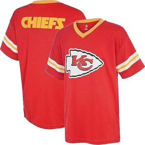 Camiseta Deportiva Roja con Cuello en V de los Kansas City Chiefs, de Poliéster, con Rayas Amarillas y Blancas y Logotipo Bordado - Product Image 1