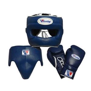 Conjunto de Boxeo y Sparring Personalizado de Cuero Genuino Azul Marino con Protección Facial Completa - Product Image 1