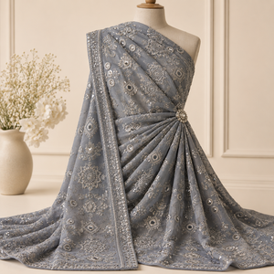 Grey Embroidered Organza Sari <b>Fabric</b> With <b>Sequin</b> Details For Women Party Wear Designer Garments Bridal Wear - Product Image 1