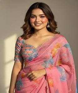 Sari moderne en coton fantaisie à imprimé floral en organza et broderies de perles, avec chemisier non cousu, pour tenue de soirée, prix de gros, vêtement ethnique, multi-usages - Product Image 3