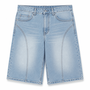 Shorts en jean baggy à rayures verticales personnalisées, style rétro vintage, coupe large, idéal pour les hommes urbains - Product Image 1