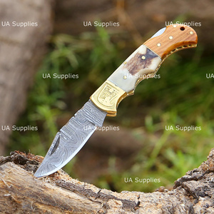 UA Supplies Hand Engraved Eagle Brass Accent Damascus Steel Back <b>Lock</b> Folding Pocket Knife Luxury Handmade EDC Hunting - Product Image 4