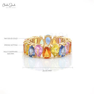 Anillo de Eternidad de Oro Amarillo Sólido de 14K con Múltiples Zafiros en Corte Pera de 6x4mm, Hecho a Mano, Apilable, para Boda, Joyería para Mujer, Venta al Por Mayor - Product Image 5