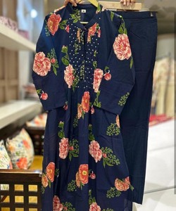 Kurta Tradicional de Algodón para Mujer, Estampado Floral, Azul Marino, Corte Holgado, Largo Midi, Estilo Informal, Estilo India Pakistán, SHAGUN 85144 - Product Image 2