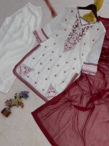 <b>Women's</b> <b>White</b> Embroidered Silk Anarkali <b>Suit</b> Palazzo Pants Maroon Dupatta Indian Pakistani Ethnic Wear Shreeji Fashion Quick Dry - Product Image 5